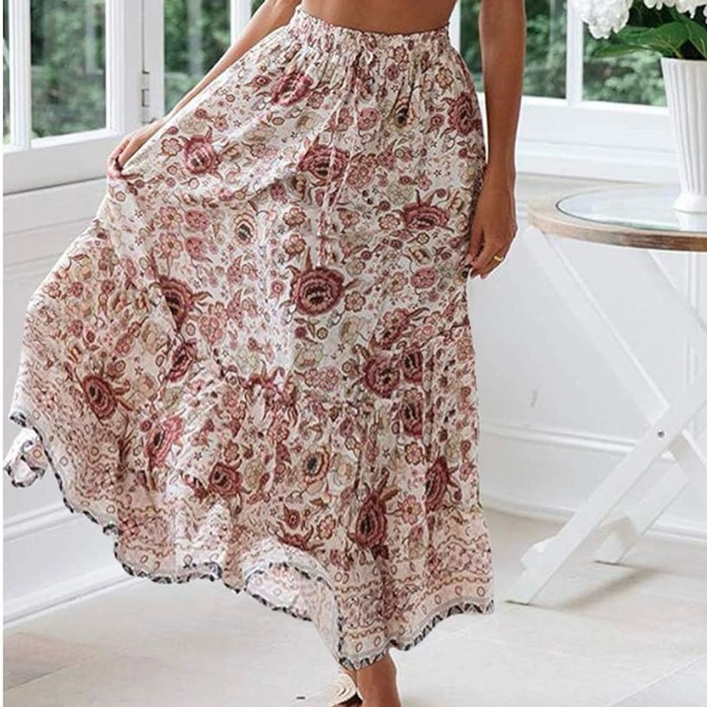 Capri Pink Floral Print Boho Maxi Skirt